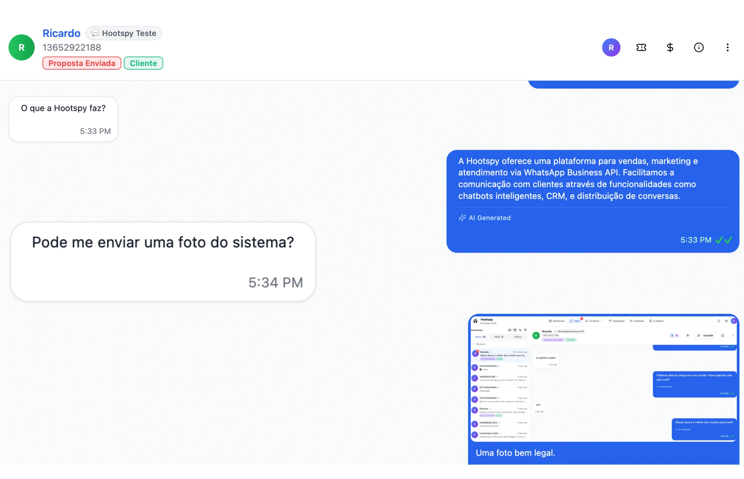 Hootspy AI sending a photo over WhatsApp during automated, multi-platform support.