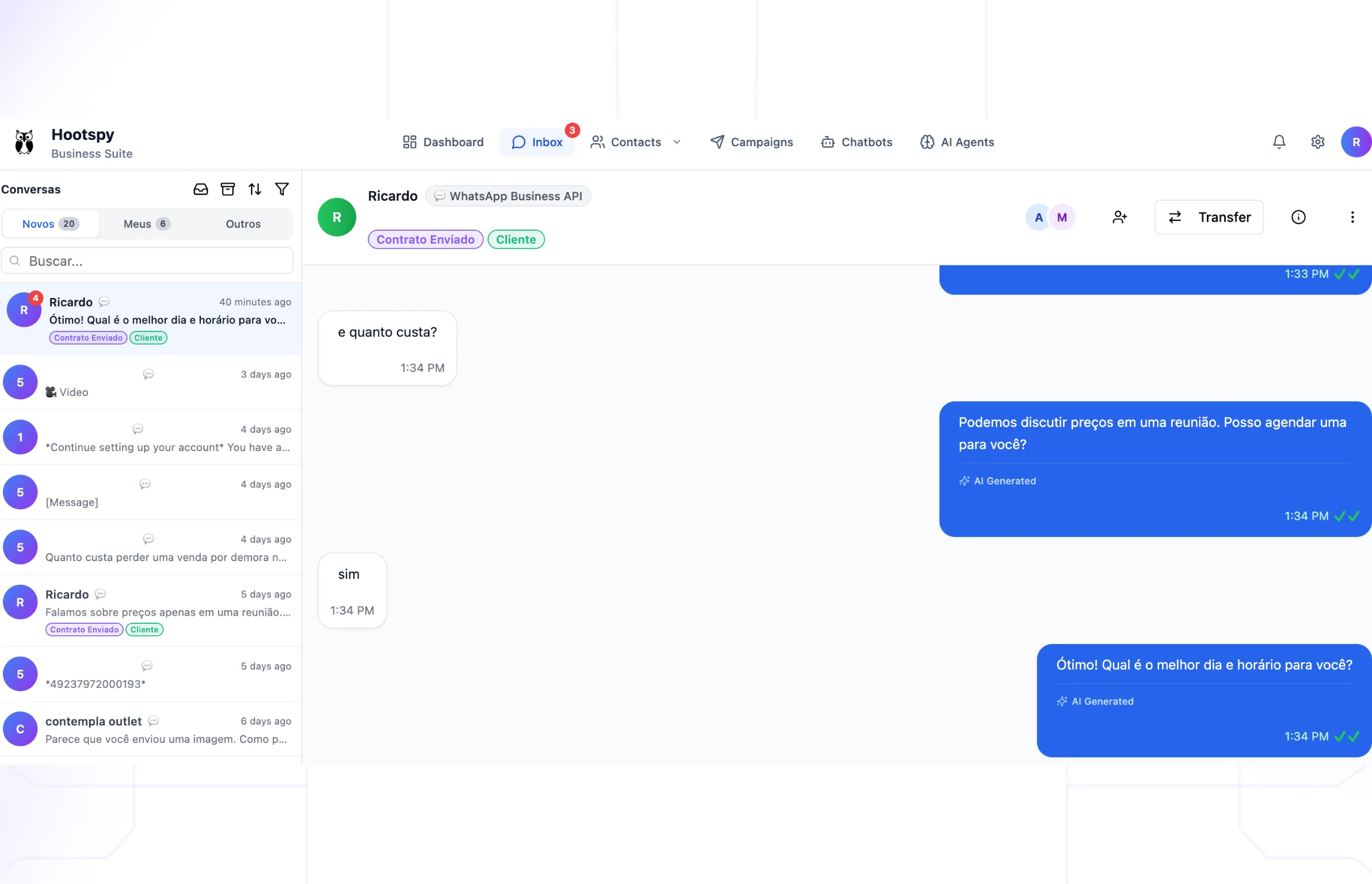 Hootspy single conversation hub bringing WhatsApp and Messenger into one support dashboard.