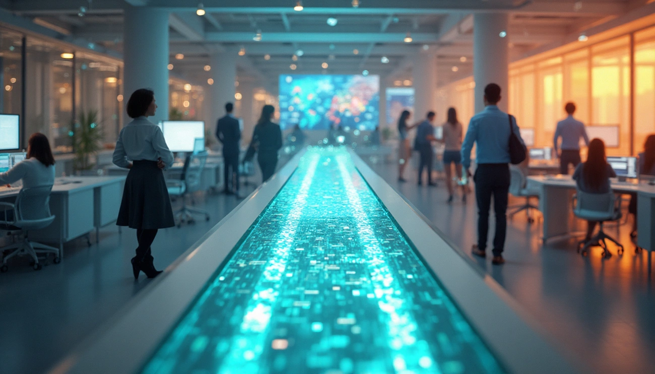 Profissionais no escritório usando sistema de onboarding automatizado para novos clientes com tela digital interativa