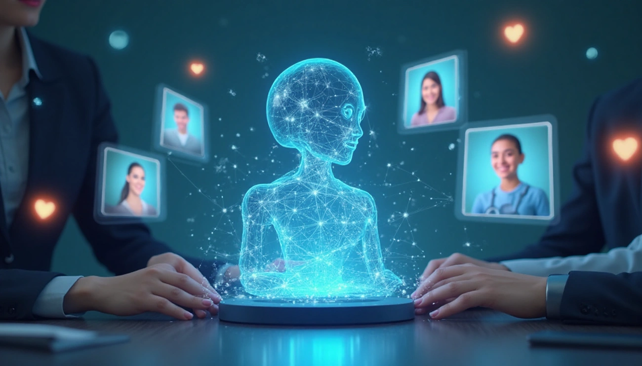 rofissionais utilizando holograma de chatbot para atendimento automatizado no pós-venda e fidelização de clientes