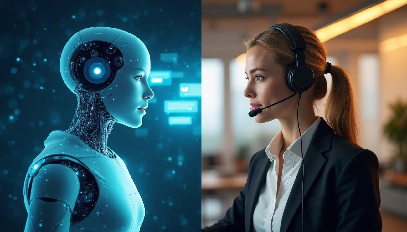 Atendente humano e robô representando o comparativo entre chatbot e live chat no atendimento ao cliente em 2025.