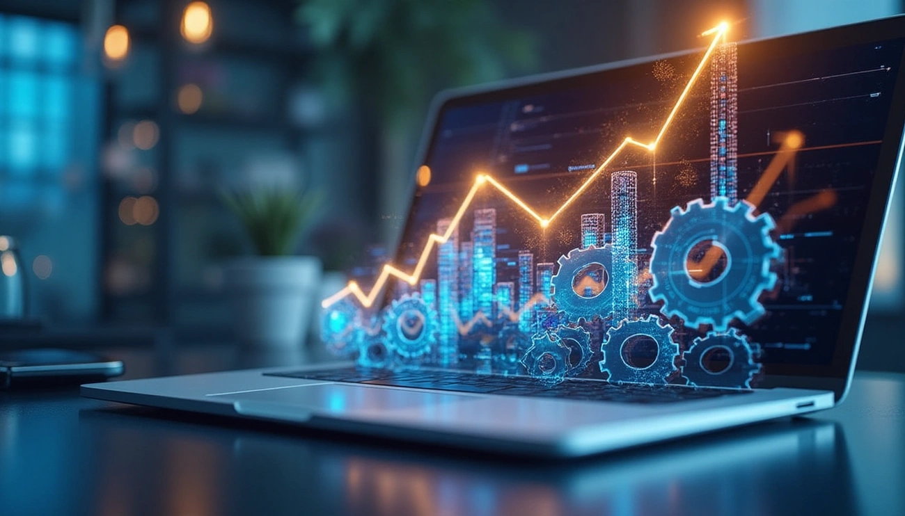 Gráfico holográfico sobre laptop representa automação para conversão em marketing digital