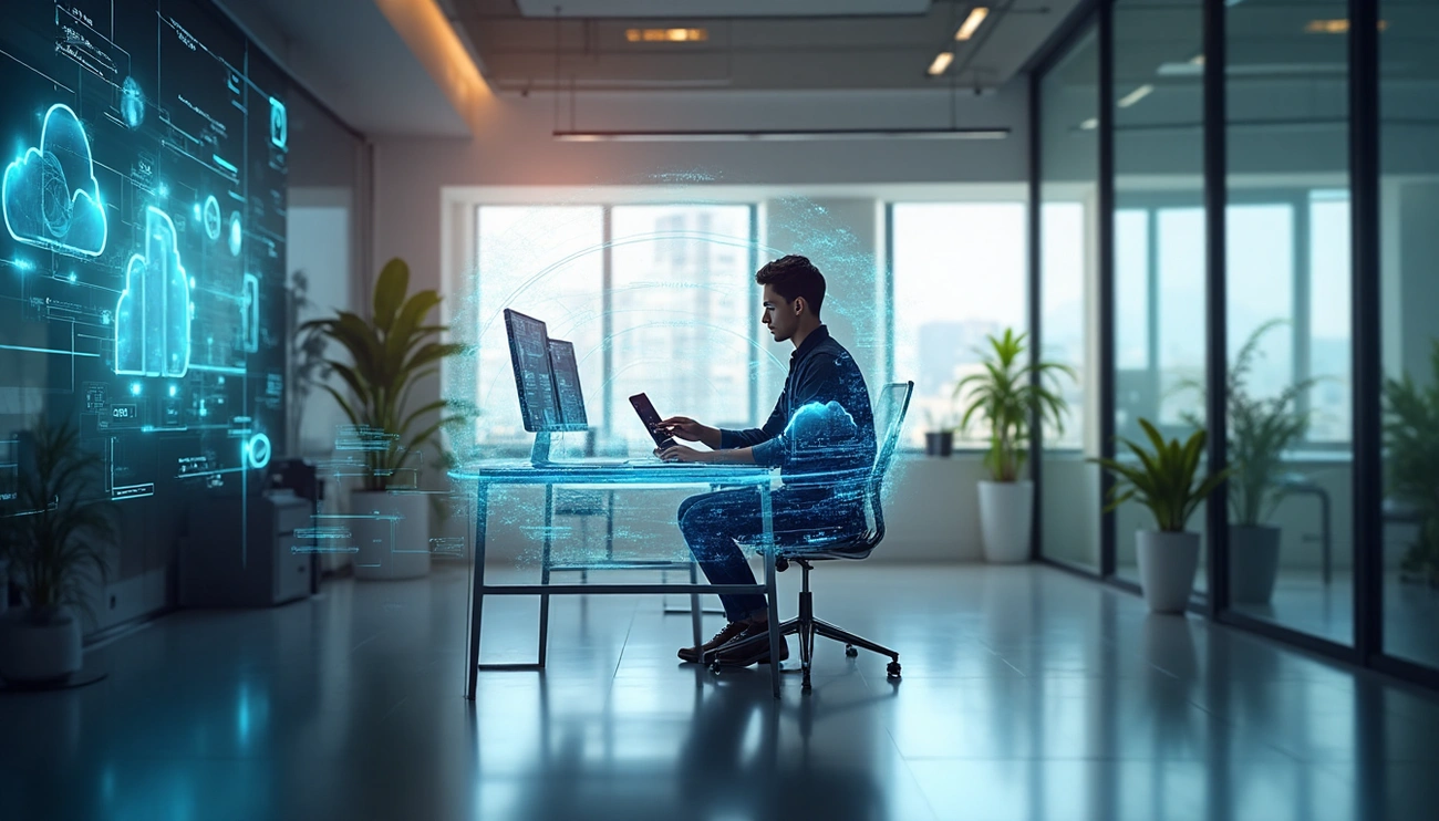 Empresário em escritório utilizando sistema de automação para pequenas empresas