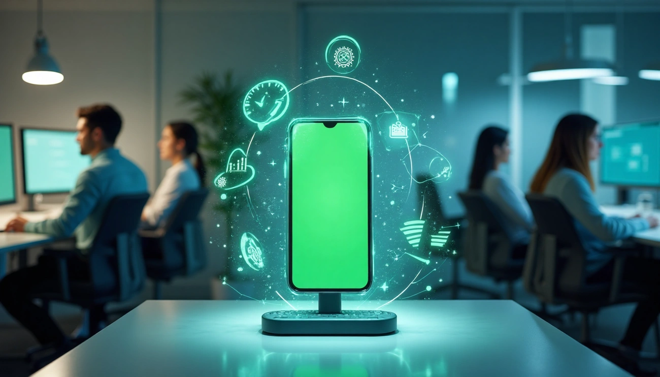 Ilustração dos benefícios do WhatsApp Business API em painel com chatbot, notificações e CRM integrados