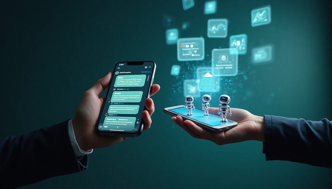 Smartphones trocando mensagens com ícones de IA flutuando ao redor
