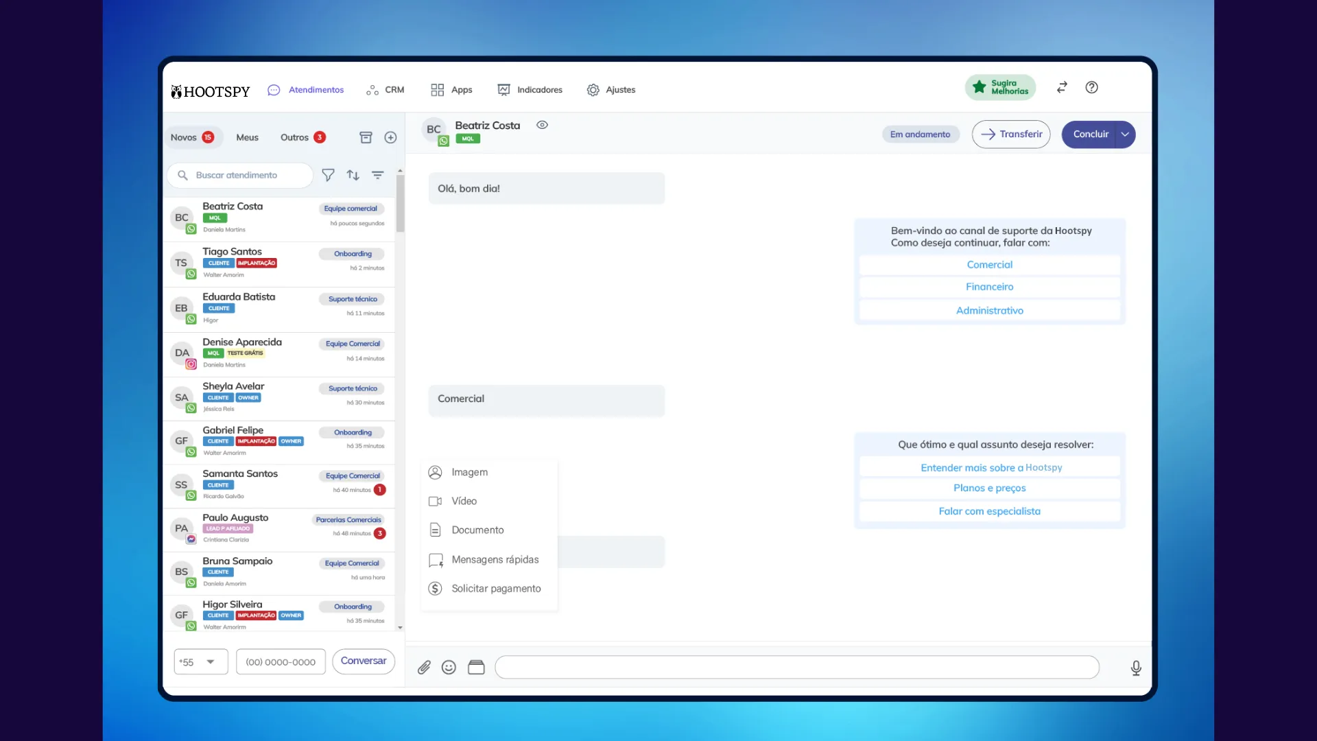 Gerencie atendimentos no WhatsApp com inbox unificada, API oficial, chatbots, CRM e IA.
