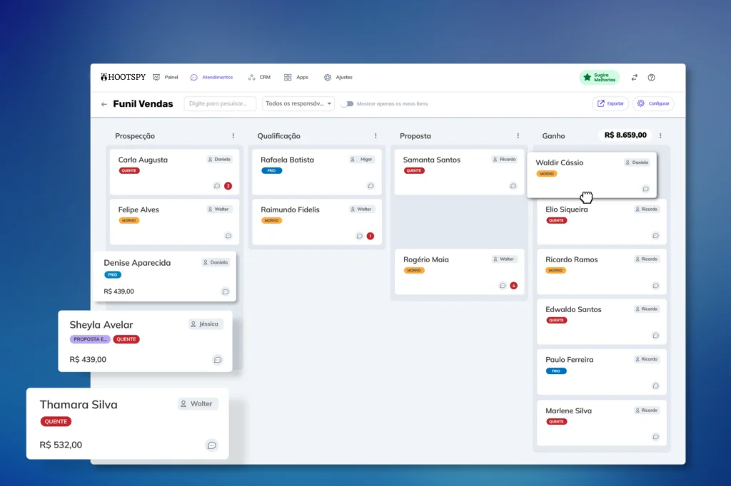 Com o CRM WhatsApp da Hootspy, você centraliza conversas, organiza leads e automatiza follow-ups