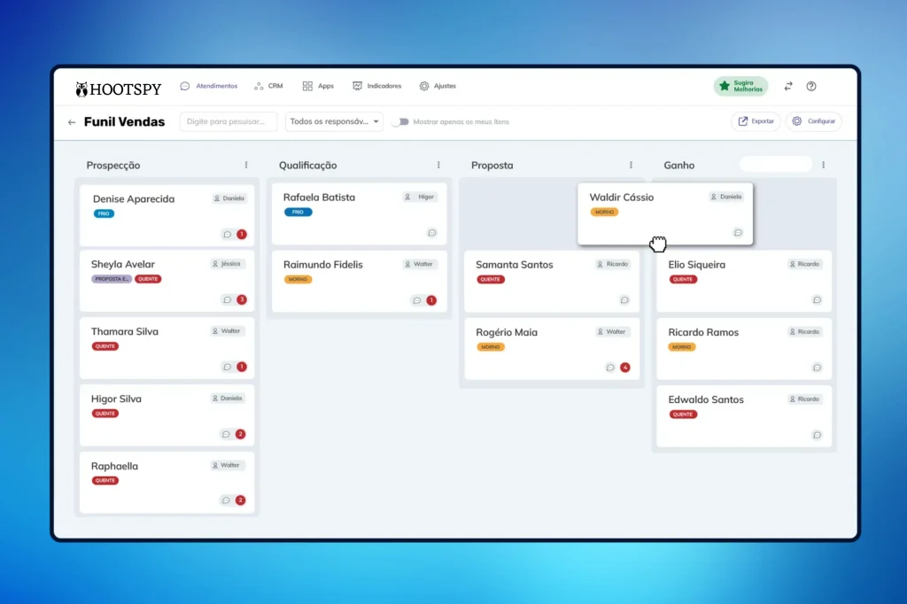 Acompanhe os leads no funil de vendas personalizado do CRM WhatsApp